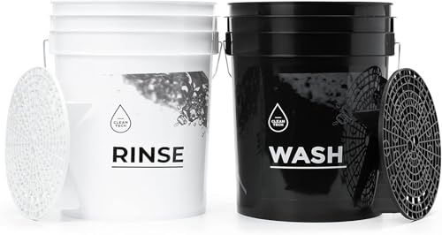 CLEANTECH CO Set: 2X Wascheimer 20L - weiß & schwarz mit 2X Schmutzsieben - für professionelle Auto Handwäsche