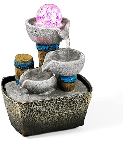 Dyna-Living Zimmerbrunnen Tischbrunnen mit Rollender Kugel, Mini Brunnen Polyresin Springbrunnen LED-Beleuchtung Mehrfarbig, Tischplatte Wasserbrunnen Klein Wasserfall Brunnen, 14 x 10 x 19cm