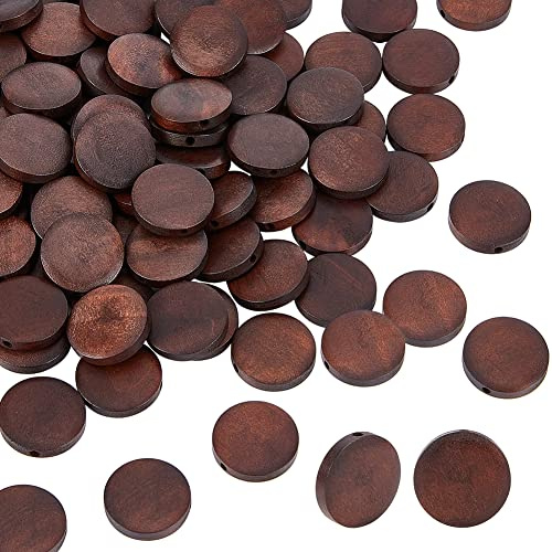 PandaHall 100 Stück Flache Runde Holzperlen Natürliche Birnenholzperlen Hölzerne Münzperlen Gefärbte Kreisscheibe Lose Perlen Für Girlande Makramee Ohrring Armband Schmuckherstellung SattelBrown