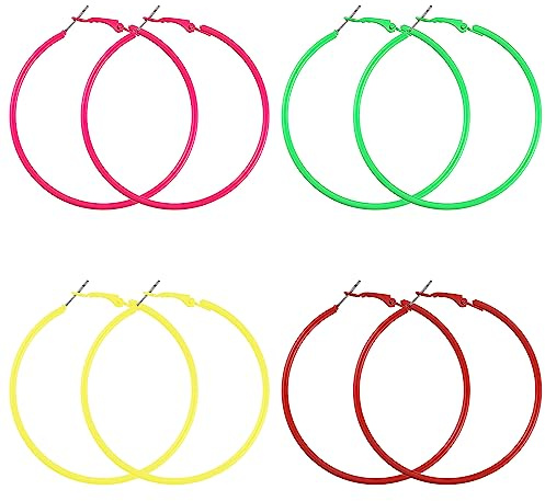 Vintage Große Neon Ohrringe Damen - 6 Cm Creolen Bunt Helle Leichte 80er Jahre Ohrringe für Frauen - Vintage Große Ohrringes für 80er Jahre Party (Grün Gelb Rot Rose Rot)