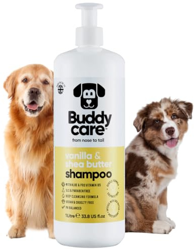 Vanilj & sheasmör hundschampo från Buddycare – fuktgivande schampo för hundar – fräsch doftande – med aloe vera och Pro-vitamin B5 (1L)