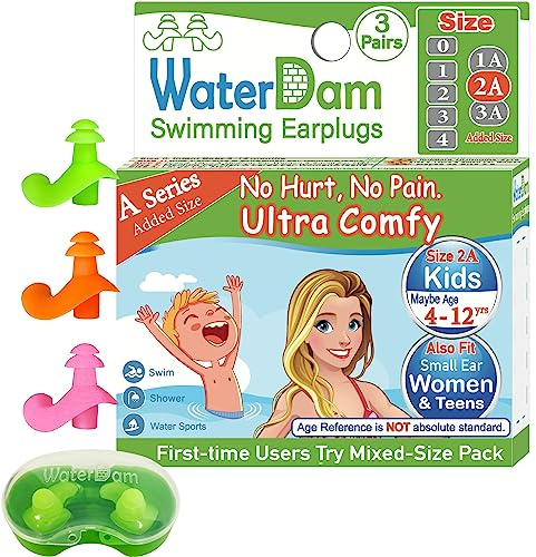 WaterDam Tappi per le Orecchie da Nuoto Serie A, Ultra Comodi, Impermeabili (Taglia 2A: Bambini, Adolescenti, Piccole e Medie da Donna) - Verde, Arancione