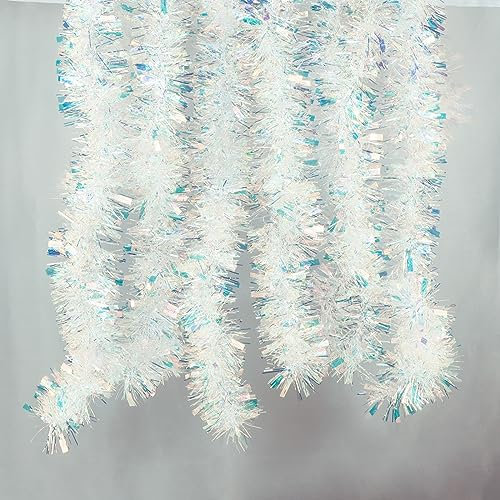 GEBETTER 6Pcs x 2m Guirnaldas Navidad, Espumillon Árbol Navidad, Oropel Efecto Holográfico, Decoración Navideña Adorno Escalera Chimenea Pared Techo Ventana Hogar Fiesta Regalo (Blanco)