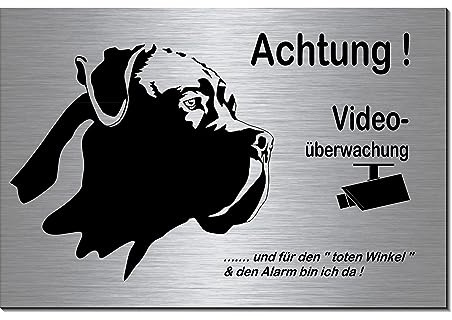 Hund Cane Corso-Video überwacht-Hund-Schild-Hundeschild- 300 x 200 x 3 mm-Aluminium-Edelstahloptik-Hunde-Tierschild-Warnschild-Hinweisschild (133-45 mit 4 Löcher)