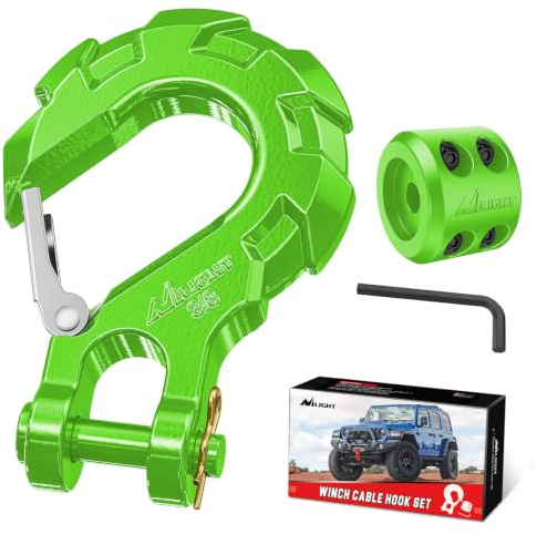 Nilight Forged Steel Winch Hook 3/8 Grade 70 Safety Latch Winch Cable Hook Stopper & Clevis Slip Hook Sets, Included Allen Wrench,Max 35,000 lbs,2 Years Warranty, Green | Green, Grade 70 heavy duty, Included Allen Wrench, 35,000 lb breaking load