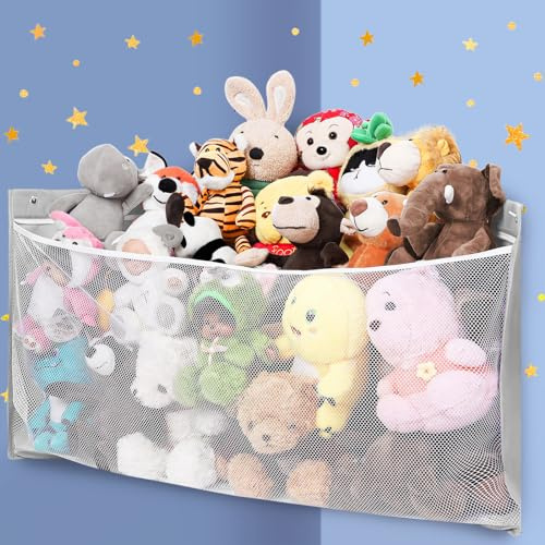 ANROYE Large Corner Stuffed Animal Storage, Kids Plushies Toy Grey Wall Hammock for Girls Room, Baby Squishmallow Holder for Nursery, Organizer Idea for Bear Hanging Display Boy Gift