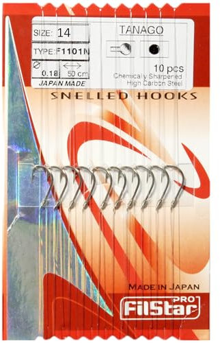 PRO FILSTAR Angelhaken Set mit Vorfach 10 Stück, Größe 14, Mono Angelschnur 50cm, Dia 0,18mm - Schleien & Weißfische Gebundene Haken - Fishing Hook - Vorfachschnur - Monofiler Vorfächer - Sport Set