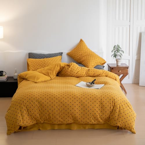 Set di biancheria da letto con copripiumino in jersey di cotone lavorato a maglia, stile bohémien, 3 pezzi, con motivo geometrico a quadri, con cerniera, colore: giallo