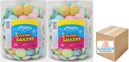 2 TUBS OF FRISIA FLYING SAUCERS TUB OF UFO SWEETS CHILDREN’S PARTY 375g BOXED SLAMTECH
