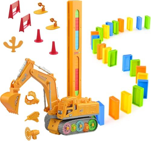 OBEST 4-in-1 Domino Engineering Vehicle Spielzeug Set, 120P Domino Rallye Zug mit Licht und Ton, Automatische Platzierung von Dominos Blöcken, 4 Austauschbare Fahrzeugköpfe, Geschenk für 3 Jahren Kind