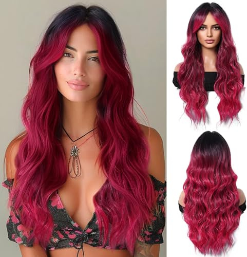 OUFEI Ombre Rot Lang Gewellt Hitzebeständig Perücke für Damen Party Cosplay