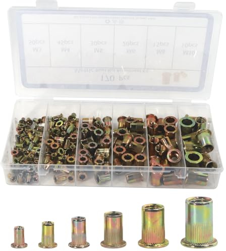 TIOMIOSEA 170 Stück Nietmuttern Sortiment Set, Flachkopf Gewinde Rivet Nutsert Cap Muttern Nietmutter, Gewindenieten Senkkopf-Einnietmuttern M3/M4/M5/M6/M8/M10 mit Aufbewahrungsbox
