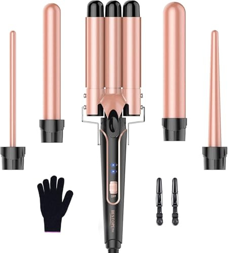 BESTOPE PRO Lockenstab Lockenstäbe 3 Fässer Welleneisen 5 in 1– Lockenstab Set 3 Fässer für großer Wellen, Temperatureinstellung, Schnellaufheizung und einem Handschuh, 2 Clips, Roségold