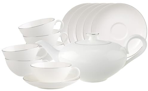 Villeroy & Boch Anmut Platinum No. 1 Teeservice, Tee-Set mit Kanne für 6 Personen, Made in Germany, Premium Bone Porzellan, spülmaschinenfest, weiß