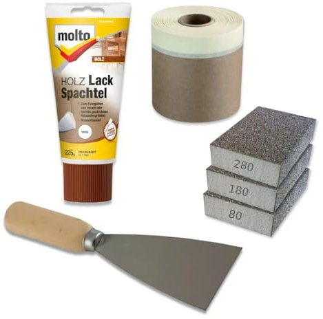 Molto Holz-Lack-Spachtel Set, 225g Spachtelmasse, Schleifschwamm 80/180/280 Körnung, Spachtel mit Holzgriff, Malerkrepp