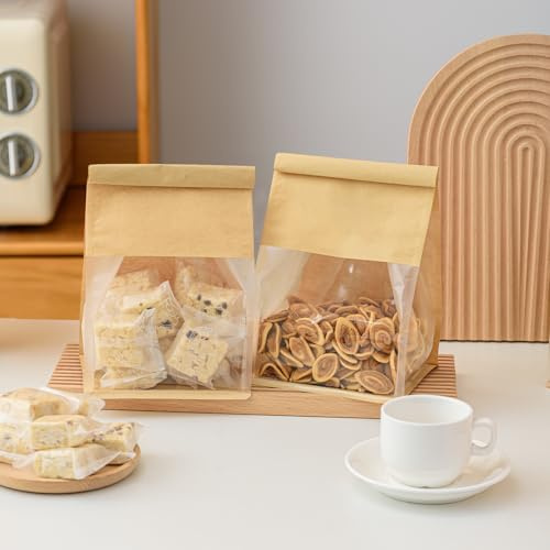 50 Pcs 6.3 Inch Brown Kraft Paper Bread Bags with Tin Tie, Small Homemade Bread Packing Bag, Thickened Storage Bagel Bag with Clear Window for Sourdough, Baked