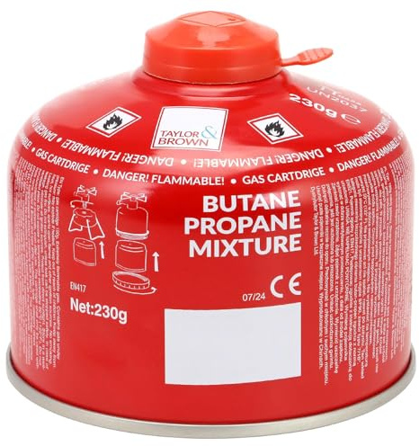 Taylor & Brown 230g Propane Butane Gas Cartridge, EN417 Resealable Valve, Performance Screw-On Camping Stove Fuel for Portable Gas Stoves, BBQ, Blowtorch & Outdoor Cooking
