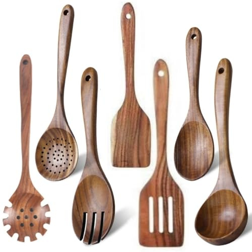 Bois d'acacia Juego de Utensilios de Cocina, Utensilios Cocina Madera, Cucharas de Madera para Cocinar con Spatula y Ladle, Resistencia al Calor Adecuado para Ollas no Pegajosas