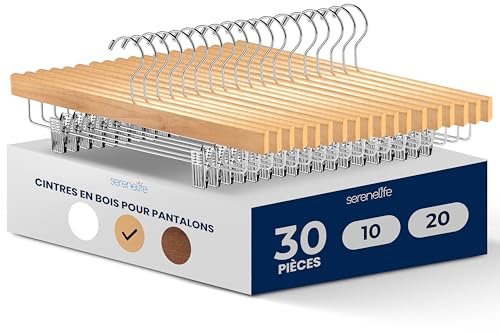 Serenelife Cintres en Bois avec Pinces - Cintres pour Pantalons, Jupes, Jeans, Uniformes - Crochets Pivotants 360°, Pinces Réglables, Finition Bois Naturel, Lot de 30