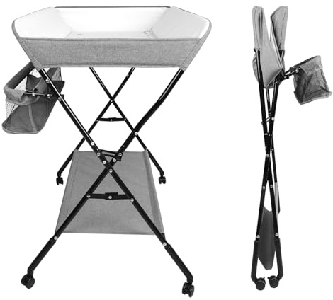homewell Baby Wickelkombi Faltbar Tragbar, Wickeltisch, Höhenverstellbar, Klappbare Wickelkommode mit Aufbewahrungskorb, Platzsparend & Stabil