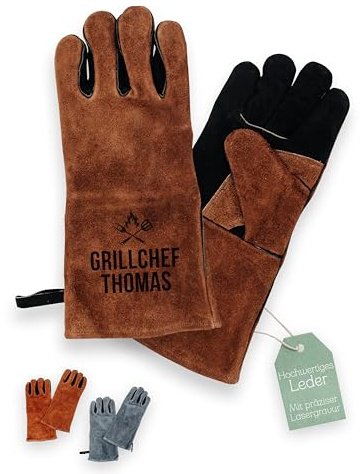 ABENTEUERNAH personalisierter Grillhandschuh Leder, Geschenk für Papa den Outdoor Grill und BBQ Barbecue Fan zum Vatertag Geburtstag für den Mann (Grillchef dunkelbraun, rechte Hand)