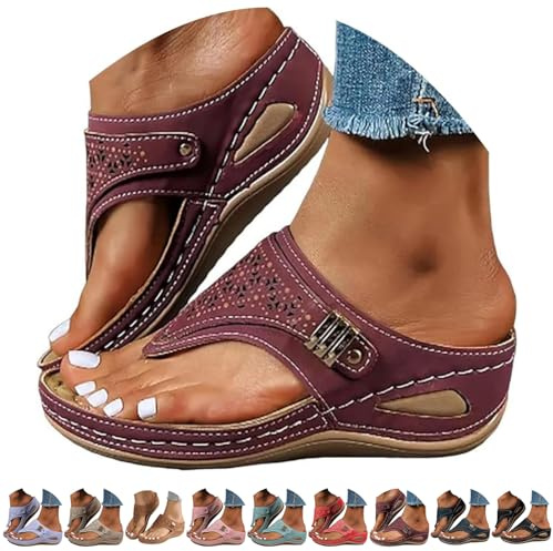 Générique Sandales Femme été Confortable Compensées Plateforme Orthopédique Pantoufles avec Support, Cuir Mode Tongs, Marche À Bout Ouvert Flip Flops, Talon Semelles épaisses Pantoufles