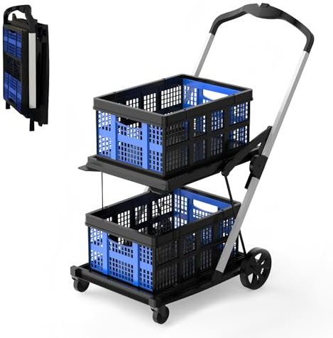 Collapsible Shopping Cart with Wheels,2 Tier Multi Use Foldable Shopping Cart with 2 Storage Crates,Folding Shopping Trolley Utility Cart for Office,Groceries, Warehouse,Supermarket,Picnic (Blue)