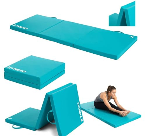 TREXO Colchón de gimnasia plegable 180 × 60 × 5 cm – 3 piezas, funda de piel ecológica resistente a la abrasión, espuma de polietileno flexible, asa, fácil limpieza