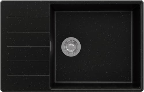 PRIMAGRAN Lavello da Cucina al Mobile 60cm + Kit di scarico, 78x50cm | Set: Kit di scarico + Lavandino in Granito a 1 Vasca - Copenhagen Top, Nero Metallico