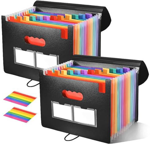 Somnr Accordion File Organiser 13 Pockets, File Folders for Paperwork A4 | Colored Tabs Document Organiser for Bill Receipt, Office, School & Home Use, Expanding File Folders, 2 Pack