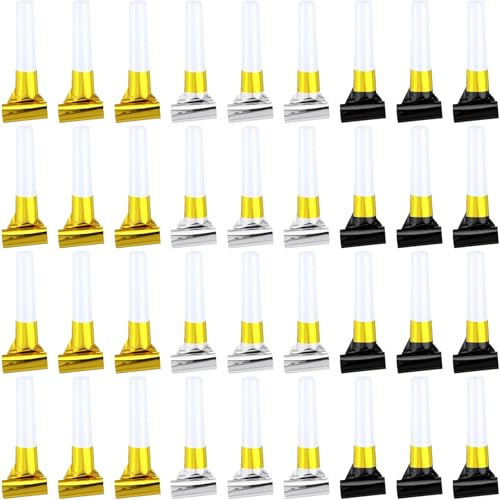ywmigl 36 Pcs New Years Eve Noisemakers Party Favor Gold Silver Black Blower Horns Whistles 2026 Happy New Year Party Supplies for Sporting Events Birthday Celebration