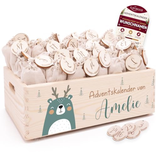 Personalisierter Adventskalender 2026 zum Befüllen mit Holzzahlen | Tolle Weihnachtsdeko aus Holz, Weihnachtskalender mit Tüten für Geschenke Mädchen & Jungen (40 x 30 x 14 cm)