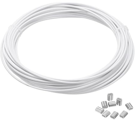 PATIKIL 1/16 Wire Rope, 33 ft 304 Stainless Steel Wire Cable White Vinyl Coated with 10pcs Crimping Sleeves for Hanging Lights Clotheslines Trellis, White