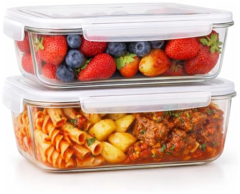 UAVAUI Glass Containers with Lids, 2 Packs Reusable Glass Meal Prep Containers, Leak Proof, Airtight Lunch Bento Boxes for Microwave, Oven, Freezer and Dishwasher Safe, BPA-Free (1040ML)