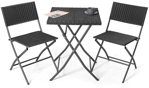 Avestar Ensemble de Bistrot Pliable 3 Pièces pour 2 Personnes,Table & 2 Chaises en Rotin PP, Jardin & Patio, Résistant aux Intempéries, Noir