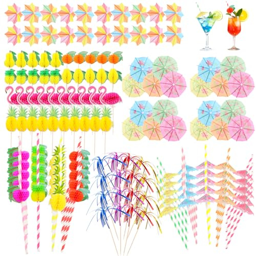 160PCS Cocktail Sticks Cocktail Accessories Cocktail Decorations Party Set | Paper Straws Umbrellas Flamingo Picks Tropical Designs, Summer Beach Hawaiian BBQ Picnic Garden Party Decorations