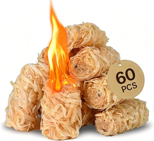 Large Bbq Charcoal Chimney Starter - Quick Lighting 24 Natural Wood Wool Fire Starters For Grilling - 38cm Height Coal Starter For Perfect Barbecue 60 Pcs