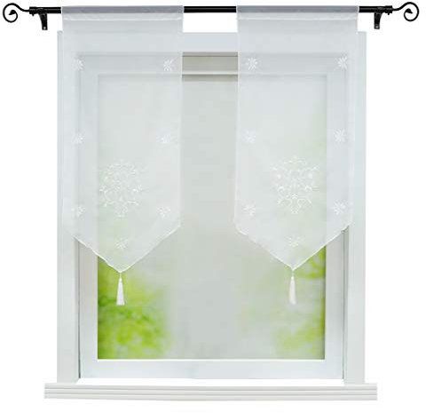 Joyswahl tenda a pannello, da bistrot, in voile, con nappa, motivo floreale Erna, corta, con cordoncino, 40 x 90 cm (larghezza x altezza), color bianco, confezione da 1