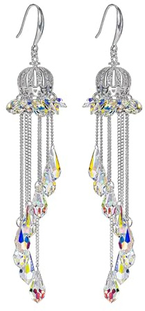 Yinujiao Charming Crown Dangle Earrings,Long Wind Chime Raindrops.S925 Sterling Silver Match with Crystal,Handmade Special Jewelry Gift for Women Ladies