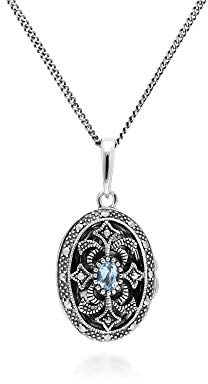 Collier avec médaillon ovale aigue-marine et marcassite en argent sterling 925 Style Art Nouveau