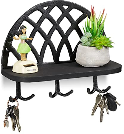 Relaxdays Mensola Portachiavi, Ripiani e Ganci, Design Vintage, in Ghisa e Legno, da Parete, HxLxP: 23x27x12 cm, Nero