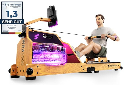 Sportstech - WRX1000 Agua Maquina de Remo, Premium Maquina de Remo para Casa, Plegable con Tecnología Pulse Depósito de Agua LED de 7 Zonas y Pantalla LCD