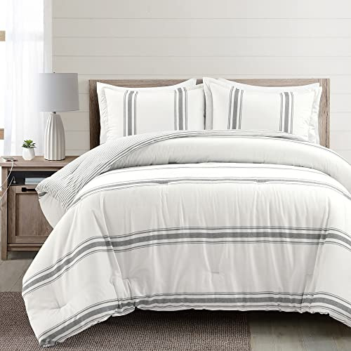 Lush Decor Farmhouse Stripe Reversible Cotton Comforter Set - 3 Piece Cozy Pinstripe Bedding Set - Classic Modern Rustic Charm Bedroom Decor - King, Dark Gray