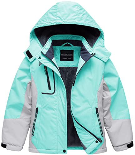 CREATMO US Girl's Waterproof Ski Jacket Warm Winter Fleece Snow Coat Windproof Snowboarding Rain Jacket, Green, 10-12 Years