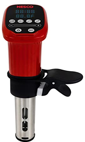 Nesco SVC-1000 Sous Vide Precision Cooker with Digital Display and Pre-Programmed Cooking Options for Meat, Fish, Chicken and Vegetables, 1000 Watts, Red and Black