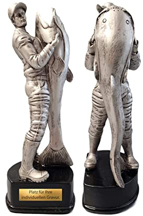 eberin – Angel Pokal 25 cm, Angler Trophäe mit Wunschtext, Fischer Award mit Wels/Waller, auf schwarzem Sockel, ideal für Pokalverleihung und Geschenk