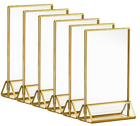 CECOLIC 6er-Pack Acryl Schilderhalter mit Goldenen Rändern, Doppelseitige Menüständer, Transparente Bilderrahmen für Restaurant Menüschilder, Tischnummern für Hochzeiten - 10,2 x 15,2 cm