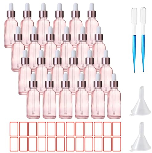 ToKinCen 24 x 30 ml Dropper Bottle Pink Glass Dropper Bottles with Glass Dropper Pipette Small Sample Dropper Bottles Refillable with Plastic Funnels and Labels