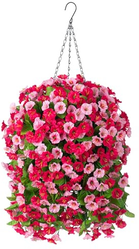 INXUGAO Artificial Flowers with Hanging Basket, Outdoor Faux Plants Silk Morning Glory Vines, Fake Green Arrangement for Garden Patio Spring Summer Decor(4pcs,Hot Pink)