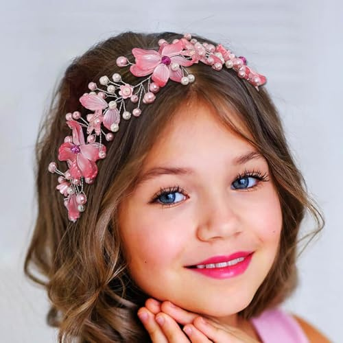IYOU Blumenmädchen Haarschmuck Rosa Kommunion Kopfschmuck für Mädchen | Silber und Rosa Hochzeit Stirnband Perle Blumen Haarband